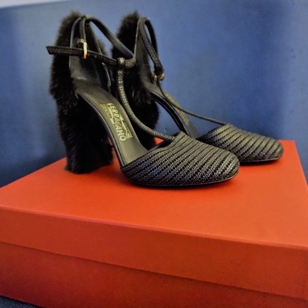 Salvatore Ferragamo Black Fergie Mink T-strap Pump